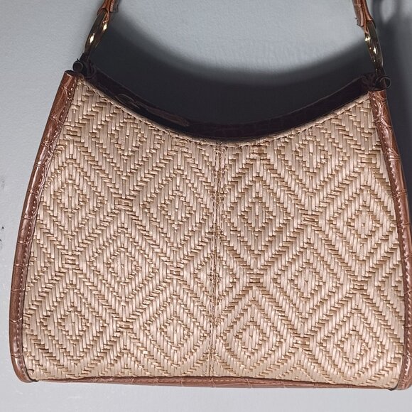 Liz Claiborne Woven Straw Handbag With Brown Leather Trim & Strap Shoulder Bag - Picture 2 of 11